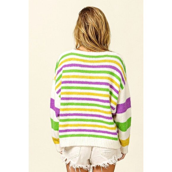 BOUTIQUE ITEM NWT Striped Mardi Gras Colors Comfy Sweater - Picture 2 of 4